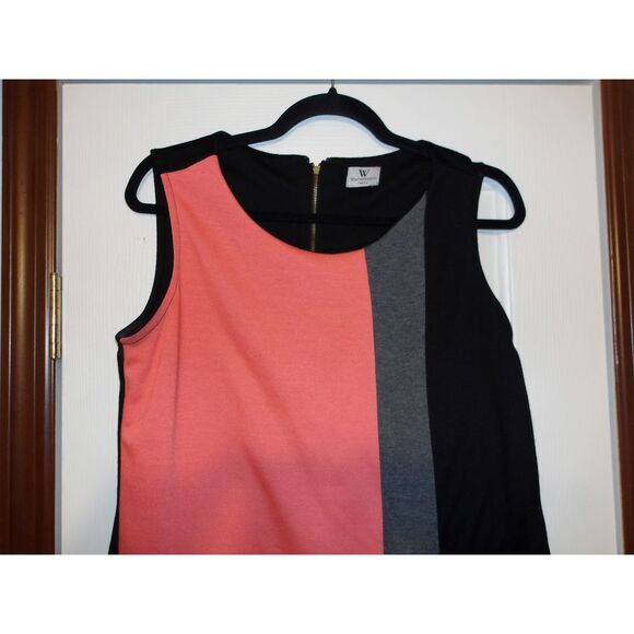 Modern‎ Color Block Sleeveless Shift Dress Black Coral Grey Geometric Pattern - Picture 2 of 3